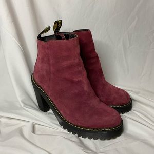DOC MARTENS DR. MARTENS HEELED SUEDE RED BOOTS